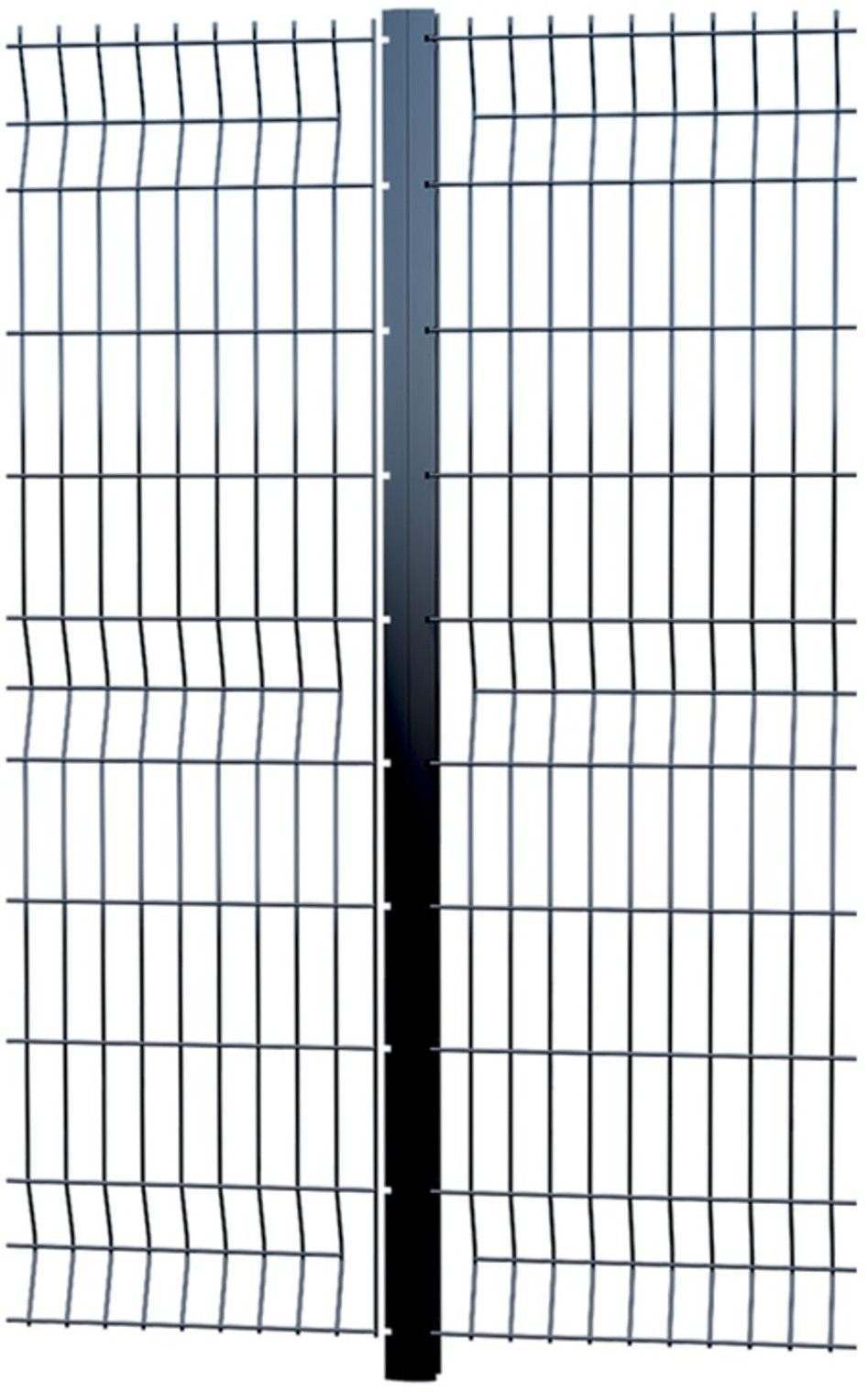 Two grey welded-mesh panels hung on a dark sensor post, white background