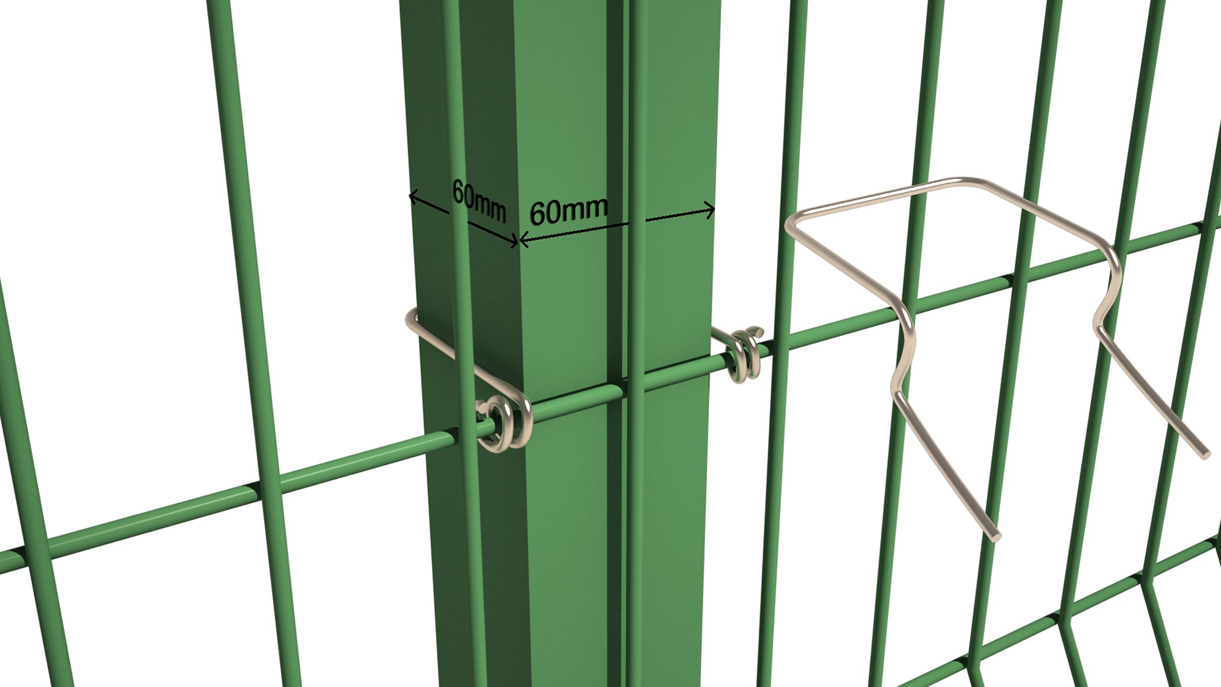 Detail render: green post with the connector that joins the mesh panels, dimensions marked