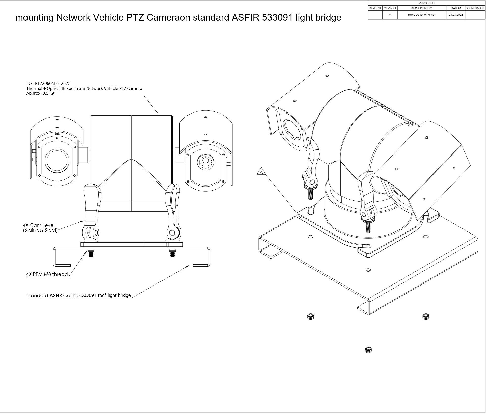 Engineering drawing of the DF-PTZ2060N-6T2575 thermal + optical bi-spectrum head, front and isometric views on a roof bridge