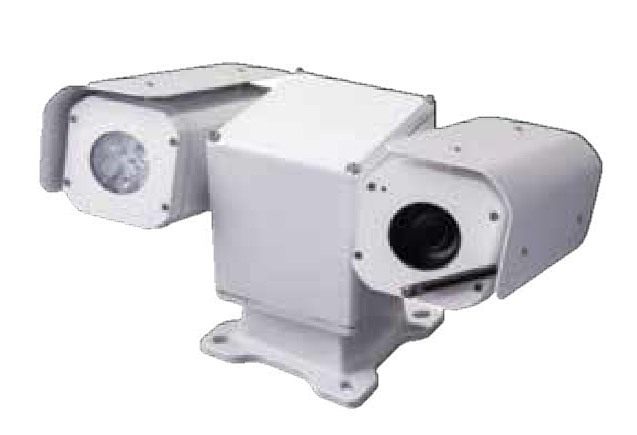 White dual-housing PTZ camera head on a pedestal mount, product view on white