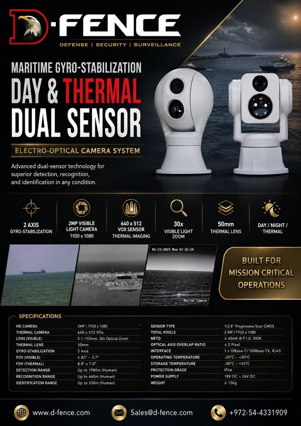 D-FENCE maritime gyro-stabilised day and thermal dual-sensor camera turrets over a night sea with a lighthouse and a ship, with feature icons, sample views and specification table